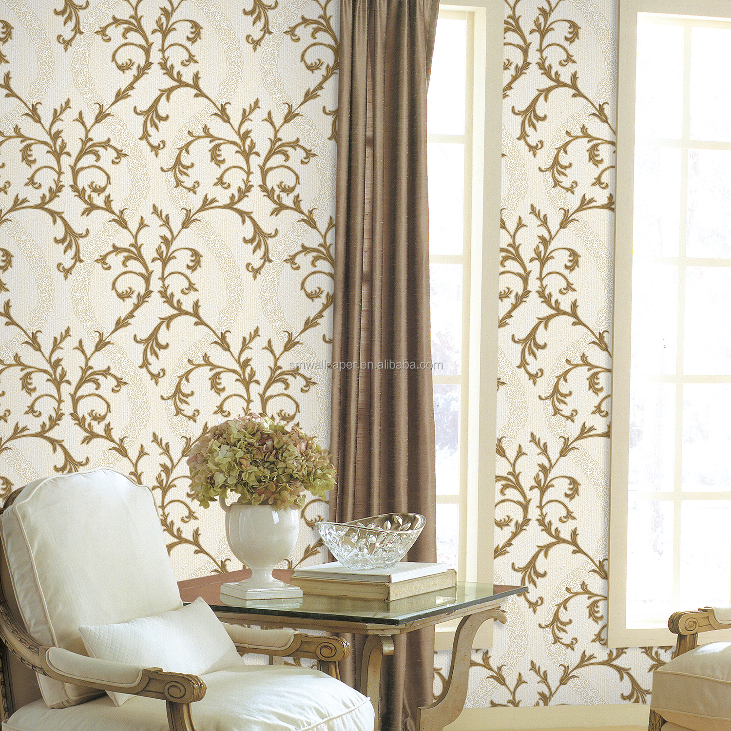 Rouleau Papier Peint Vinyle Damassé Holden Decor - Modèle OPUS VIVIANI - Coloris Beige Gold - Neuf