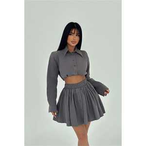 Ensemble 2 pièces gris pour femme, blazer boutonné et short au-dessus du genou, coupe ample, style bureau, taille XS - Product Image 3