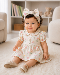 Robe smockée à imprimé floral pour filles, manches courtes, col Peter Pan, volants, robe pour bébé fille, OEM ODM - Product Image 3