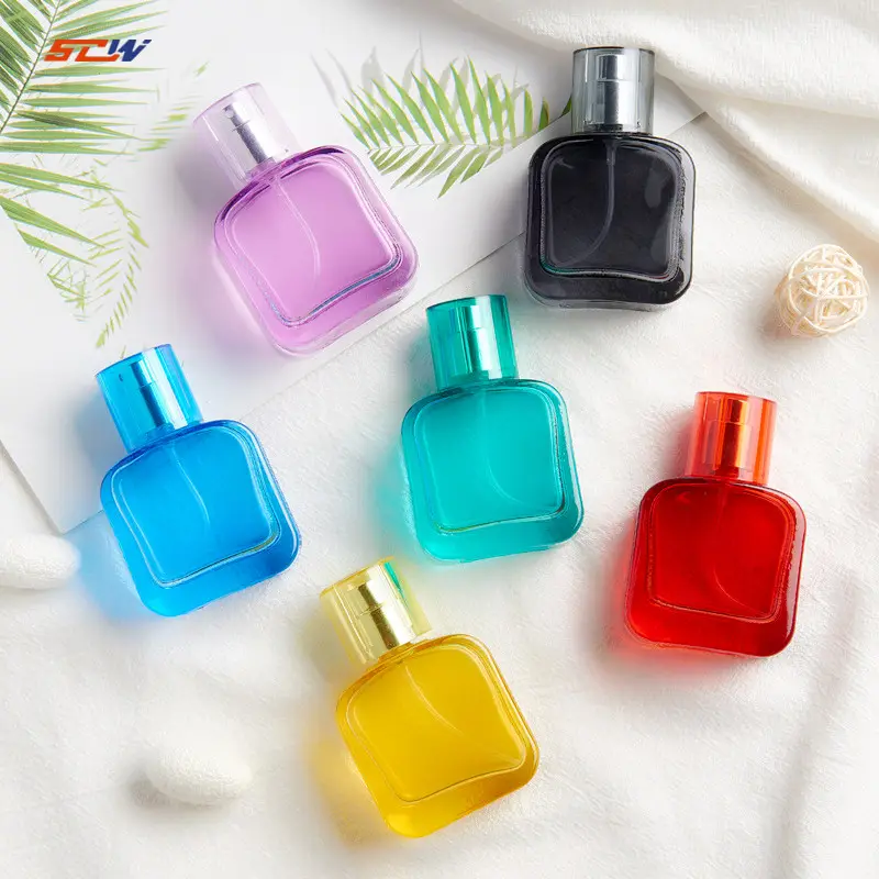 Botella cuadrada de cristal colorida para perfume, 30ml