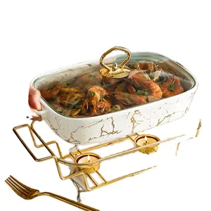黄金陶瓷烤盘批发1.3L烤盘豪华陶瓷烤盘和带玻璃盖的食品保暖器