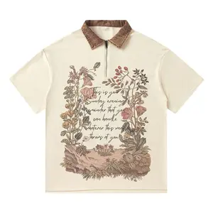 Custom American Street Fashion Style Loose Casual Floral Letter Print Lapel Short-Sleeved Polo Shirt Breathable Feature