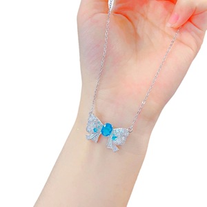 Ethereal Bow Necklace For Women Pink Diamond Blue Sapphire Clavicle Chain Party Fashion Pendant Zinc Alloy - Product Image 5