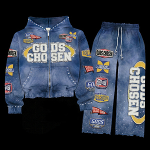 Custom Embroidery Patch Rhinestone Zip Up Hoodies And Sweatpants Vintage Cotton Sun Faded <strong>Tracksuit</strong> Graphic Acid Wash Hoodie - Product Image 1