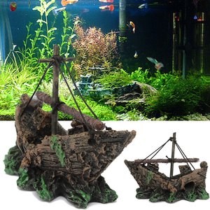 Decoración de Resina con Forma de Barco Pirata, Escondite para Acuarios y Reptiles, <span class=keywords><strong>Miniatura</strong></span> de Barco con Red para Decoración de Peceras - Product Image 1