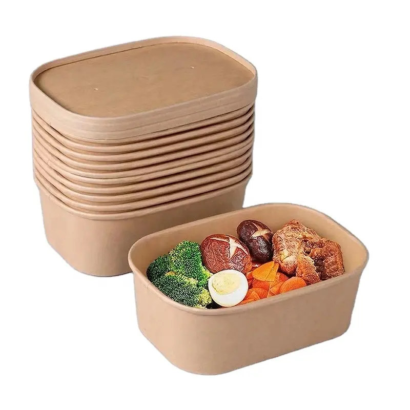 Rectangle 1000ML Biodegradable Fast Food Take Out Box With Lid Disposable Kraft Food Container