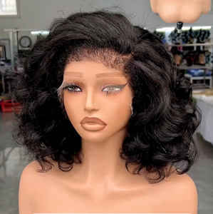 Perruques Courtes Bouclées en <span class=keywords><strong>Cheveux</strong></span> Humains pour Femmes Noires, Perruque Synthétique Bouclée Pré-découpée 13*4 avec Dentelle, 10 Pouces (Noir Naturel) - Product Image 6