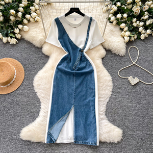 Abito lungo estivo casual con scollo a O e spacco per donna, vestito in denim patchwork a vita alta - Product Image 2