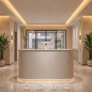 Bancone Reception Curvo Scanalato per Salone di Bellezza, in MDF Bianco con Retroilluminazione a LED e Logo Personalizzato Inciso - Product Image 1