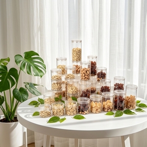 Bouteilles et bocaux cylindriques transparents en PET personnalisés <span class=keywords><strong>de</strong></span> luxe en gros avec bouchon à vis, écologiques et recyclables pour sucre, snacks et biscuits - Product Image 1