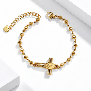 Cross <b>Medallion</b> Beaded Bracelet , Stainless Steel, 18K <b>Gold</b> Vacuum Plated, 170mm + 40mm - Product Image 1