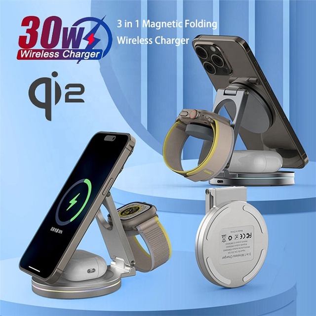 Qi2 25W 3 in 1 Foldable Portable Magnetic Wireless Charger for Iphone 15 Pro Max 17 16 Samsung