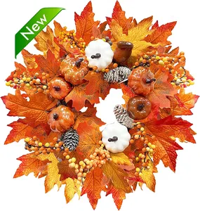 Guirlandes de citrouille de prélit, guirlandes artificielles, feuilles d'érable, baies, Thanksgiving, couronne d'automne pour porte d'entrée