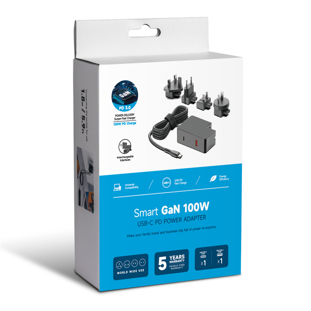 CE ETL RCM SAA 100W GaN USB C Wall Charger 2 in 1 with Interchangeable AC Plugs 20V 5A Type C Power Adapter with Power Cord
