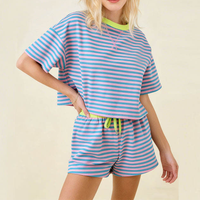 Ensemble décontracté pour femmes, t-shirt rayé à manches courtes en tissu éponge, pull-over et short, deux pièces