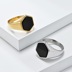 Geometric Hexagonal Black Stone <b>Titanium</b> Steel <b>Ring</b> Unisex Jewelry Gift - Product Image 1