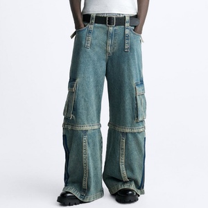 Pantalones Anchos Personalizados de Moda Urbana al por Mayor con Correas Multifuncionales, Jeans Cargo Desmontables Azules Lavados para Hombre - Product Image 3