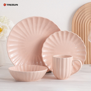 Service de vaisselle en céramique rose brillant, 16 pièces, en grès et porcelaine, prix de gros, pas cher - Product Image 1