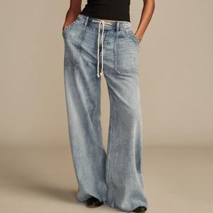 Nouveau design rétro, jean taille basse pour femme avec cordon de serrage, coupe décontractée ample et droite, jean baggy pour filles - Product Image 1