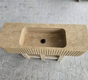 Vasque intégrée flottante en marbre |   Meuble-lavabo de salle de bain en pierre naturelle, fait main, durable, écologique, avec façade cannelée - Product Image 3