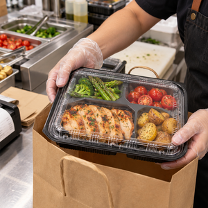 Boîte bento jetable à 4 compartiments en PP avec couvercle transparent anti-buée OPS, compatible micro-ondes, pour la préparation des repas à emporter - Product Image 4