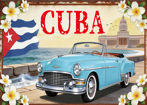 Fondo de Cuba, Habana, Bandera Cubana, Coche Azul Clásico Vintage, Palmeras, Decoración para Fiestas en Cuba, Habana, Pancarta - Product Image 3