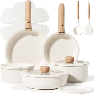 Cookware Set 11 Piece Non Stick Milky White With Wooden Handle Oven Safe Dishwasher Safe Kitchen Pot Pan Spatula - Product Image 1