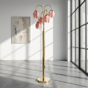 Lámpara de Pie Clásica E26 con Delicadas Pantallas de Cristal Rosa y Acabado Dorado Brillante - Product Image 6