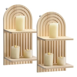 Mensola da Parete <span class=keywords><strong>in</strong></span> Pino a Due Livelli Stile Bohémien con Ganci, Facile Montaggio, <span class=keywords><strong>Portapiante</strong></span> <span class=keywords><strong>in</strong></span> <span class=keywords><strong>Legno</strong></span> e Organizzatore da Parete per Arredamento Casa - Product Image 1