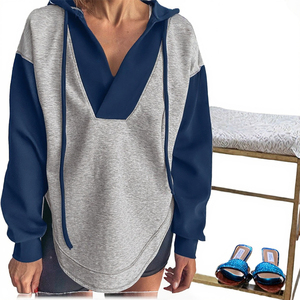 Vente en gros de pulls en tricot imprimés de haute qualité pour l'hiver et l'automne, décontractés, à blocs de couleurs, patchwork, col en V, cordon de serrage, pour femmes, taille ample - Product Image 3