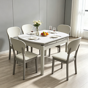 Ensemble de table à manger ronde extensible moderne et durable avec 6 chaises, matériau en marbre, taille personnalisée, design minimaliste, meubles pour la maison - Product Image 1