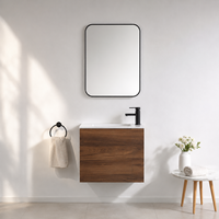 Ensemble de meuble-lavabo mural scandinave en bois avec miroir, lavabo en céramique blanc, meuble-lavabo suspendu avec rangement