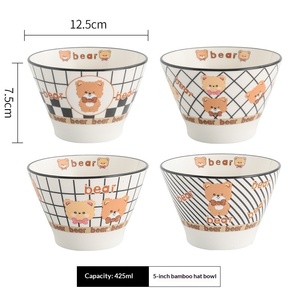 Bol à riz en céramique style mignon dessin animé motif ours à carreaux, design chapeau de paille, 5 pouces, compatible micro-ondes, anti-brûlure, épaissi, écologique - Product Image 6