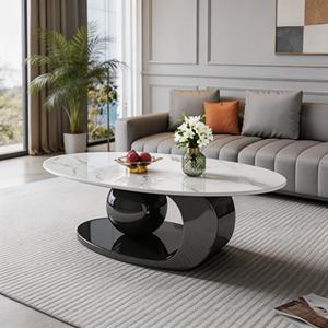 Table basse ovale moderne en pierre frittée avec base sphérique noire, idéale pour salon de luxe - Product Image 1