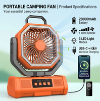 Ventilador Portátil Recargable con Batería de 20000mAh, 3 Luces LED, 4 Velocidades, Oscilación, Carga USB Inalámbrica, Motor sin Escobillas