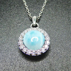 Collar de Plata de Ley 925 al por Mayor con Colgante Redondo de Larimar Azul Natural con Circonitas Blancas - Product Image 2