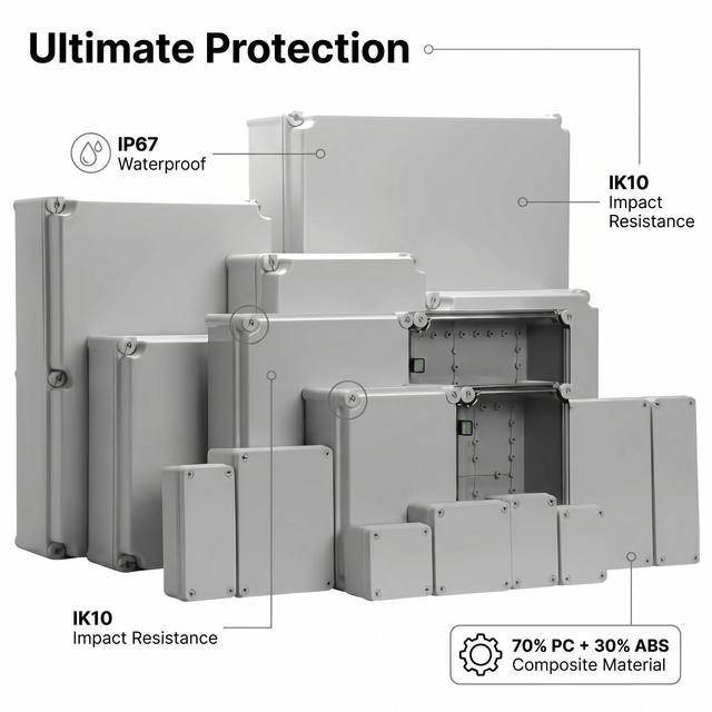 IP67 Waterproof Junction Box NEMA 4X Enclosure UL94-V0 Flame Retardant PC ABS Composite Electrical Case IK10 Impact Proof