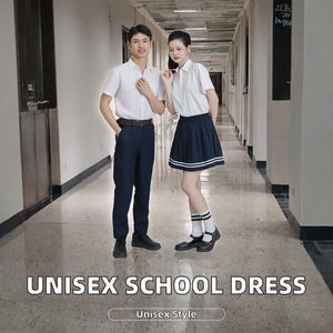School Uniform Wholesale Middle School Adult Unisex <b>Black</b> <b>Pinafore</b> <b>Dress</b> V-neck Short Sleeve Polyester - Product Image 2