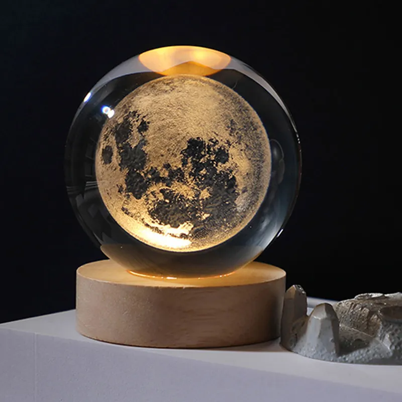 Base de madera 3D bola galáctica lámpara de noche bola de cristal luminosa decoración Sistema Solar luces de noche Led para regalo