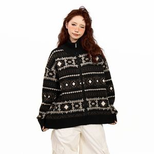 Autumn Thick Fair Isle Color Contrast Jacquard Zipper Closure Stand Collar Unisex Loose Preppy Style Knitted <strong>Cardigan</strong> <strong>Sweater</strong> - Product Image 2