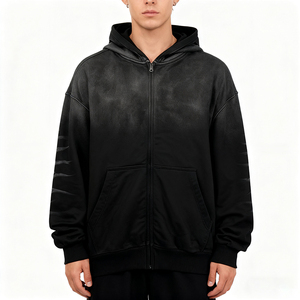 Sudadera con capucha con cremallera desgastada personalizada de algodón 100% de peso pesado para hombre, 430 gramos, artesanía lavada Retro, holgada, de gran tamaño, estilo callejero oscuro - Product Image 3