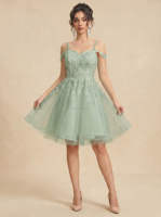 Robe de bal pour femme, robe de soirée en dentelle avec appliques, robe de bal courte en satin à col en V, taille plus, robe de bal courte style A-line