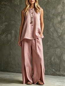 Completo estivo casual due pezzi in cotone e lino: top smanicato ampio in tinta unita <span class=keywords><strong>con</strong></span> <span class=keywords><strong>spacco</strong></span> e <span class=keywords><strong>pantaloni</strong></span> a gamba larga - Product Image 3