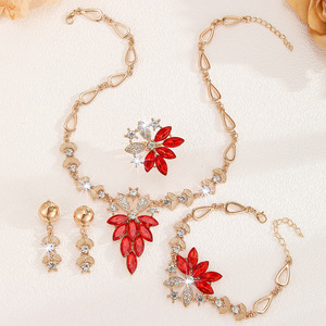Parure de bijoux quatre pièces en diamant rouge pour femme, collier, boucles d'oreilles, bague et bracelet, idéale pour mariage, collection transfrontalière - Product Image 3