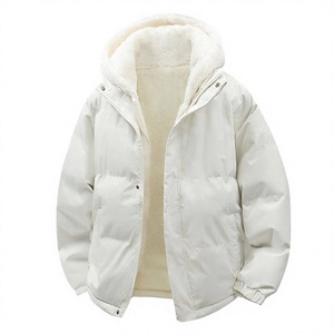 Veste unisexe blanche à col montant et capuche, doublure polyester, fermeture éclair, décontractée, hiver, coupe ample standard, logo frontal, manches classiques - Product Image 1