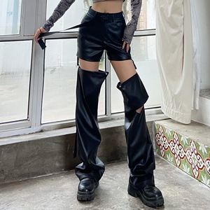 <span class=keywords><strong>Pantalon</strong></span> droit décontracté style techwear hip-hop pour <span class=keywords><strong>femme</strong></span>, avec boucle à pression en <span class=keywords><strong>cuir</strong></span> PU - Product Image 2
