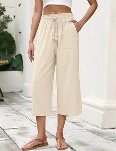 LOMON Pantalon capri ample <span class=keywords><strong>en</strong></span> <span class=keywords><strong>lin</strong></span> pour <span class=keywords><strong>femme</strong></span> avec cordon de serrage et taille élastique, pantalon court décontracté - Product Image 2