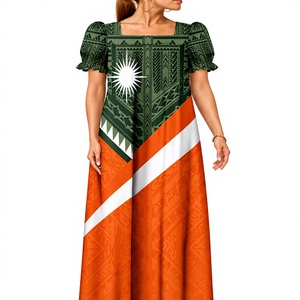 Vestido Mumu Micronésico Personalizado, Estampado Tribal Polinesio Tapa, Hombros Descubiertos, Mangas Abullonadas, Vestido Maxi, Moda Isleña OEM - Product Image 4