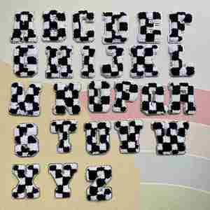 New Hot 8CM Iron on Chenille Embroidered Sliver Edge White <b>Black</b> Checker Letter Patch for Hat Hoodies Decoration - Product Image 1