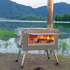 Um novo tipo de camping fogão tenda de aço inoxidável com vidro dupla face dobrável conveniente e um forno de fogo considerável